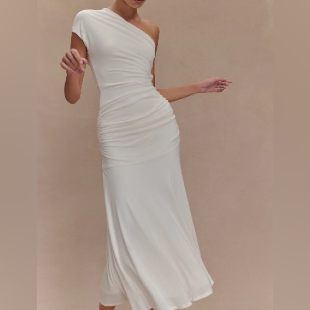 Meshki One-Shoulder White Ruched Midi Dress - Picture 3 of 7